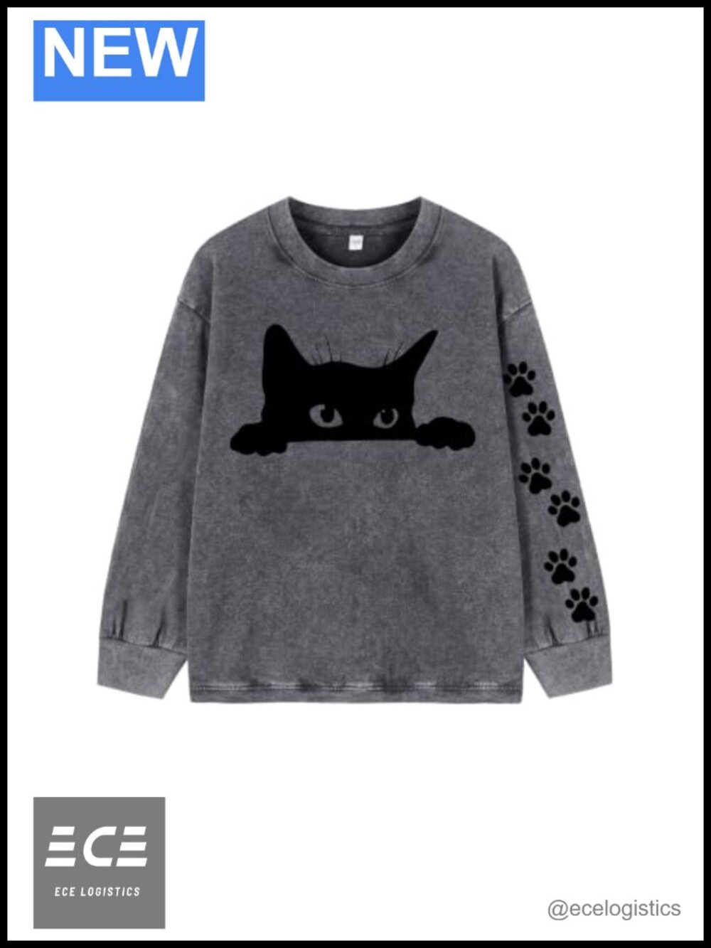 Oversized Long Sleeve Cotton T-Shirt Acid Wash Cat Graphic Retro Streetwear